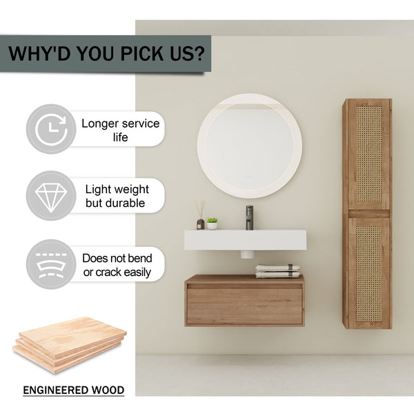 English Elm 30 Inch Wall-Mounted Bathroom Vanity With Resin Sink & Soft Close Drawers - Modern Storage Solution W999S00354