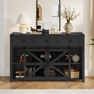 English Elm U_style Industrial Sideboard with Sliding Barn Doors Iron Mesh Panels and Three Drawers Black N711P347384B