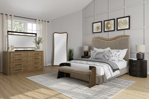 English Elm Upholstered Plush Queen Bed with Padded Headboard and Platform Base, 100% Polyester Luxury Finish Beige 88.25 L x 58.25 W x 8.25 H B2699S00102