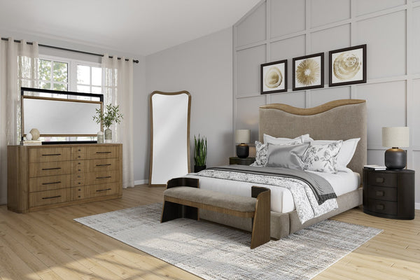 English Elm Upholstered Plush Queen Bed with Padded Headboard and Platform Base, 100% Polyester Luxury Finish Beige 88.25 L x 58.25 W x 8.25 H B2699S00102