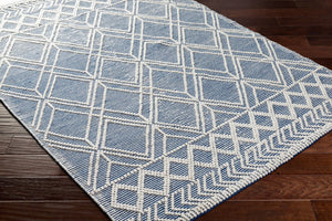 Livabliss Daffodil Handwoven Recycled Pet Runner Rug for Hallways Entryways Cottage Floral Style Beige, Dark Blu 6' x 9' DFF2302-69