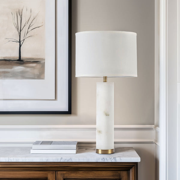 JLA Home INK+IVY - Alabaster Table Lamp with Gold Accents — Unique Veined Stone, White Drum Shade, Warm Ambient Light MP153-0144