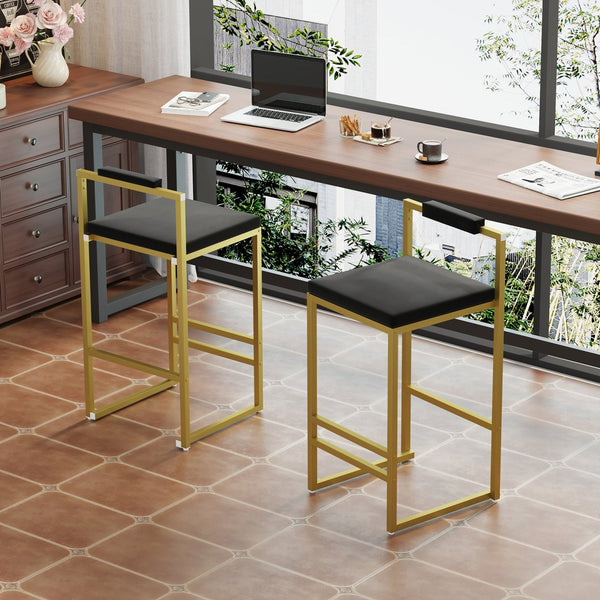 English Elm Modern Velvet Counter Height Bar Stools Set Of 2 - Stylish Gold & Black Upholstered Dining Chairs W1757P310419