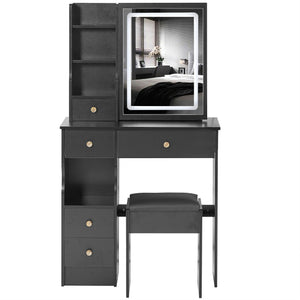 English Elm 29.2" Compact Left Drawer Vanity Table With Cushioned Stool, Touch Control Led Mirror & Storage Solution W936P202449
