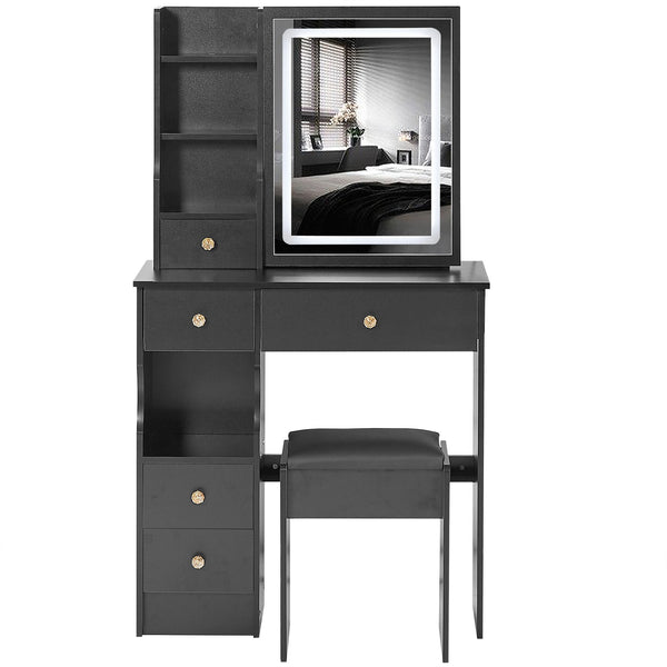 English Elm 29.2" Compact Left Drawer Vanity Table With Cushioned Stool, Touch Control Led Mirror & Storage Solution W936P202449