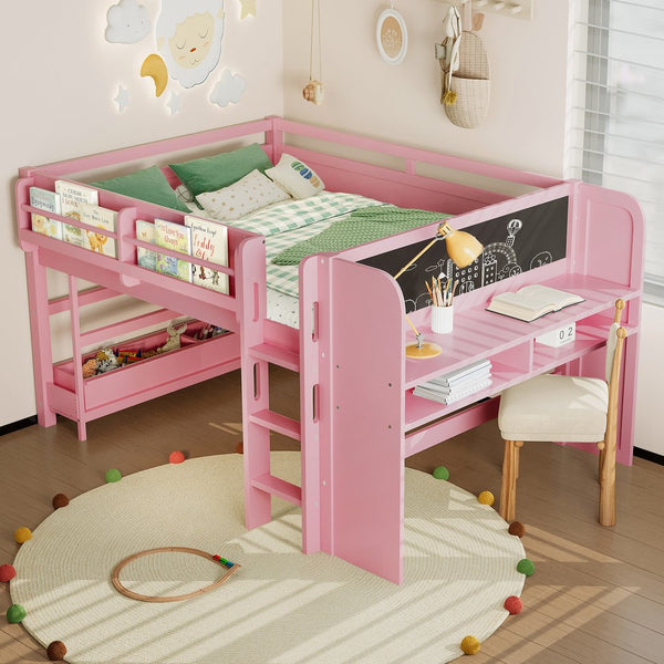 English Elm Twin Low Loft Bed Solid Pine Frame Kids Study Desk Blackboard Storage White Pink W1580S00300