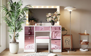 English Elm Makeup Vanity Desk Set with Hollywood Led Mirror Cushioned Stool and Crystal Drawer Pulls N704P340230K
