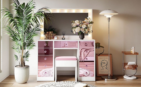 English Elm Makeup Vanity Desk Set with Hollywood Led Mirror Cushioned Stool and Crystal Drawer Pulls N704P340230K