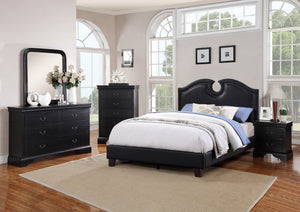 English Elm QUEEN Faux Leather Bed Frame in Black with Wood Frame, Headboard 49" H, Elegant Modern Design B089S00131