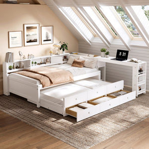 English Elm Twin Daybed Pine Frame with Trundle Desk Hutch Shelves and Storage for Kids Rooms White W1580S00458