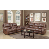 English Elm Achern Brown Leather-Air Nailhead Manual Reclining Sofa and Loveseat With Storage Console and Usb Port