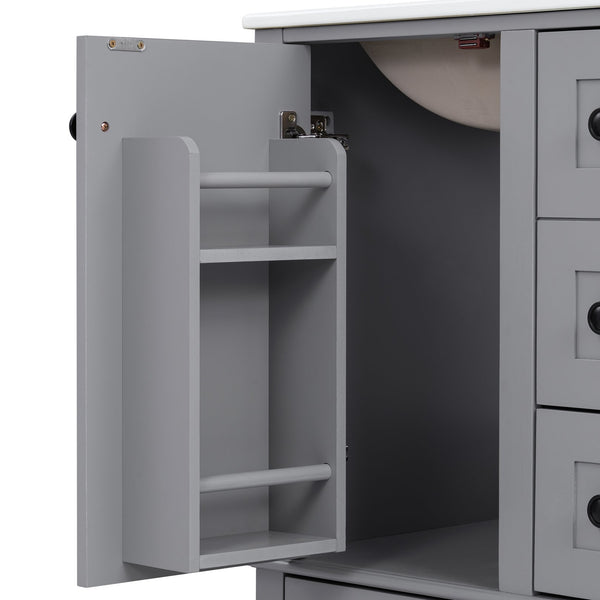 English Elm 24-inch Matte Bathroom Vanity Rubberwood Cabinet with Ceramic Sink and Soft-close Drawers Grey N729P377516E