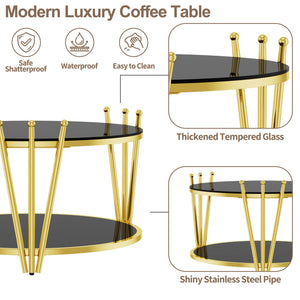 English Elm 31.5inch Modern Luxury Gold Coffee Table with Two-Tier Storage, Tempered Glass Top, Elegant Crown Design Black W1550P171454