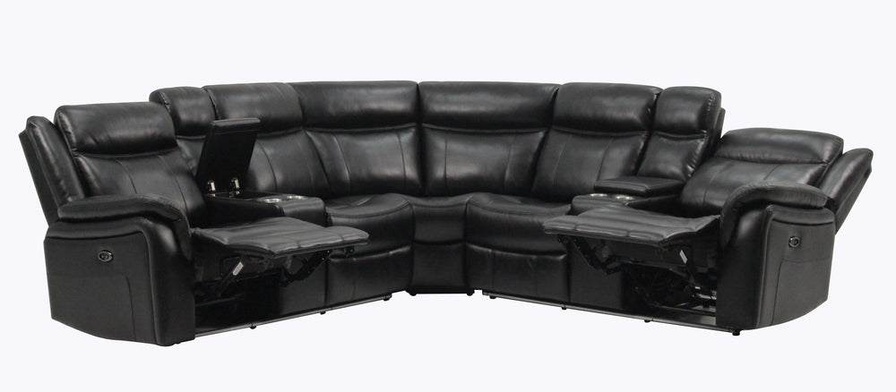 English Elm JUPITER Black Leather Sectional with Blue LED Lighting, Dual Recliners, 63" Total Recline Elegance B201S00129