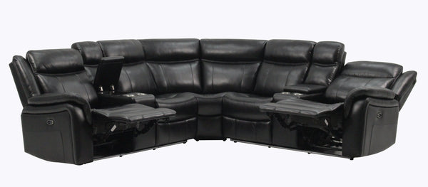 English Elm JUPITER Black Leather Sectional with Blue LED Lighting, Dual Recliners, 63" Total Recline Elegance B201S00129