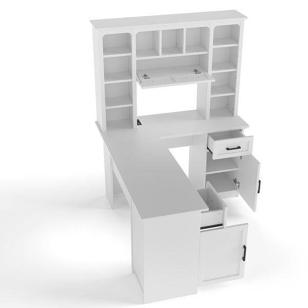 English Elm L-shaped Home Office Desk with Open Shelves Flip Shelf Cabinets and Drawer Storage White W1580S00492