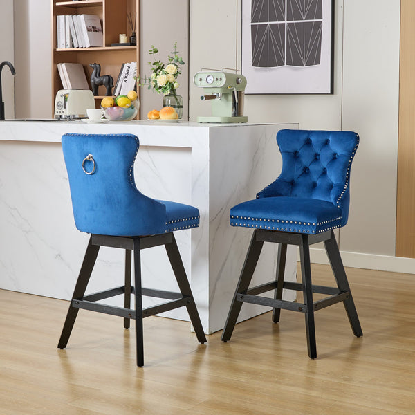 English Elm Swivel Velvet Barstool with Tufted Back, 360° Swivel, Plush Foam & Steel Spring Seat, Sturdy Wood Frame (Set of 2) Blue W1143P241331