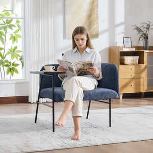 English Elm Leisure Linen Accent Chair with Built-in Side Table Pockets and Lumbar Pillow Modern Navy W395P453310