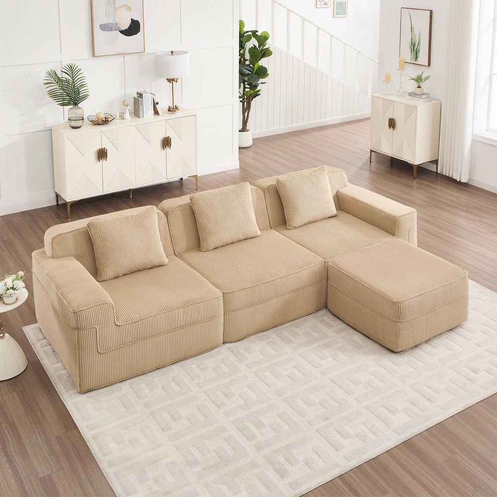 English Elm Modular 3-Seat L-Shape Sectional Sofa, Cloud Comfort In Soft Camel Corduroy With Movable Ottoman & Pillows W3041S00318