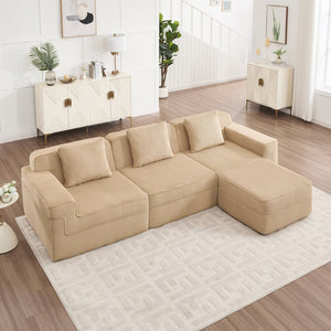 English Elm Modular 3-Seat L-Shape Sectional Sofa, Cloud Comfort In Soft Camel Corduroy With Movable Ottoman & Pillows W3041S00318