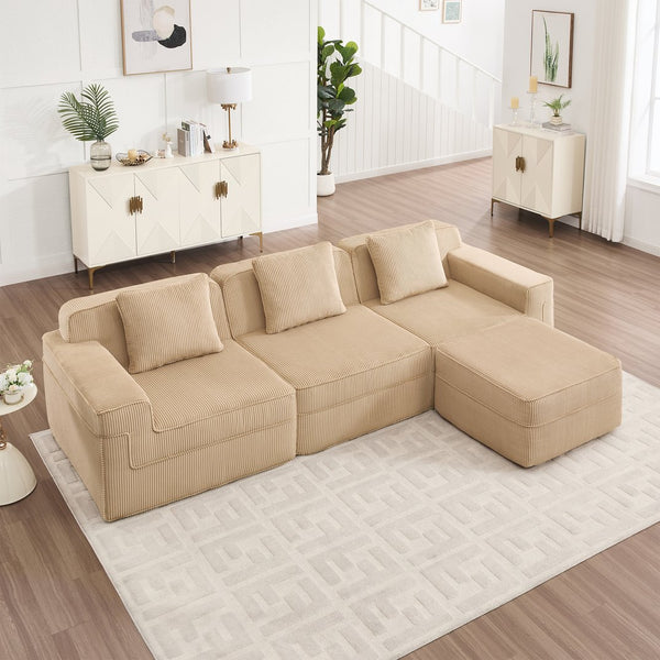 English Elm Modular 3-Seat L-Shape Sectional Sofa, Cloud Comfort In Soft Camel Corduroy With Movable Ottoman & Pillows W3041S00318