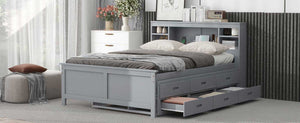 English Elm Full Full Size Platform Bed with Storage Headboard, USB Ports, Twin Trundle & 3 Drawers, Solid Wood Gray GX000720AAE