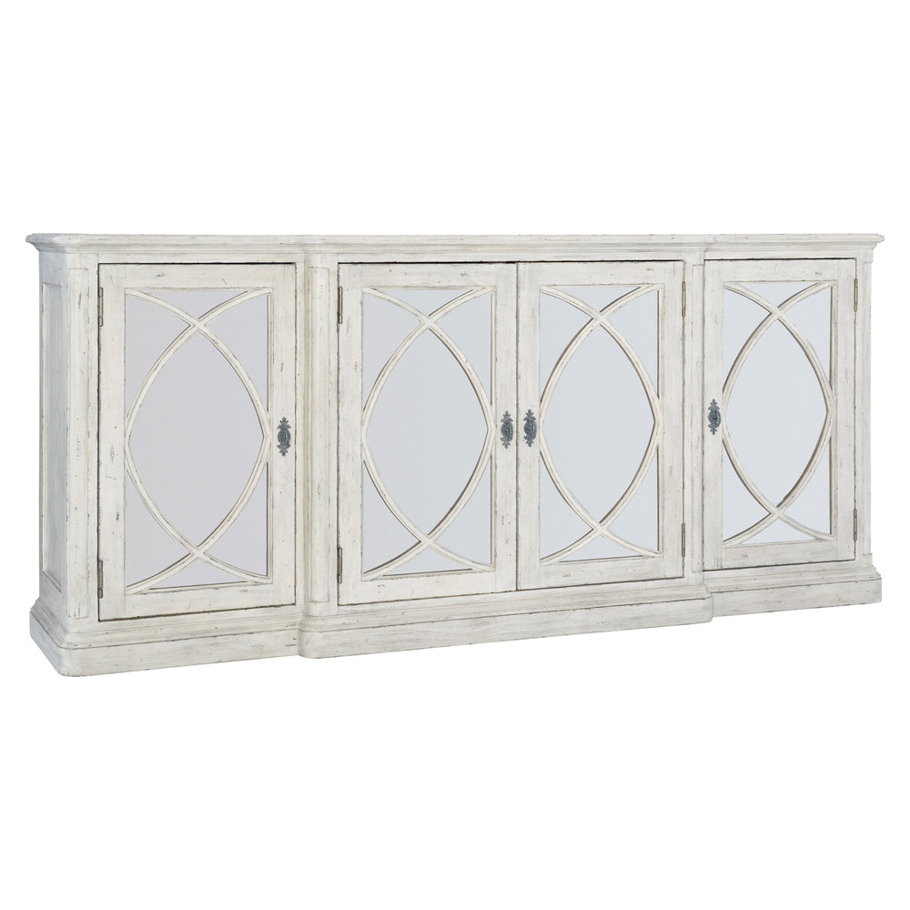 Bernhardt Bernhardt Mirabelle Buffet With Whitewashed Finish, Antiqued Mirrored Panels & Black Hardware — Stylish Storage 304132