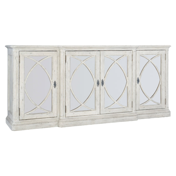 Bernhardt Bernhardt Mirabelle Buffet With Whitewashed Finish, Antiqued Mirrored Panels & Black Hardware — Stylish Storage 304132
