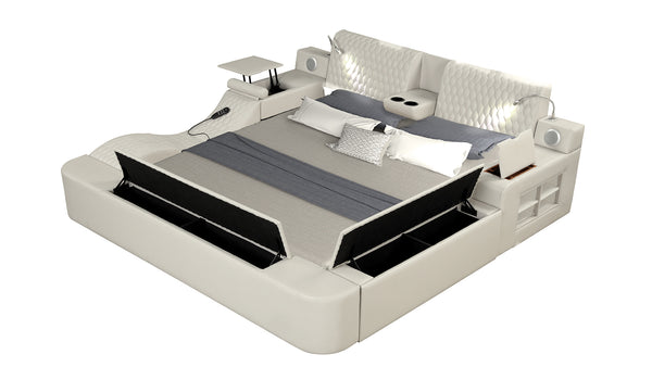 English Elm ZOYA Queen Beige smart multifunctional bed with massage chaise, Bluetooth, USB charging, storage B009S01006