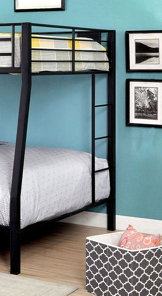 English Elm Contemporary Black Metal Bunk Bed - Full Over Queen Design With Safe Rails & Ladder For Space-Saving B2741S00375