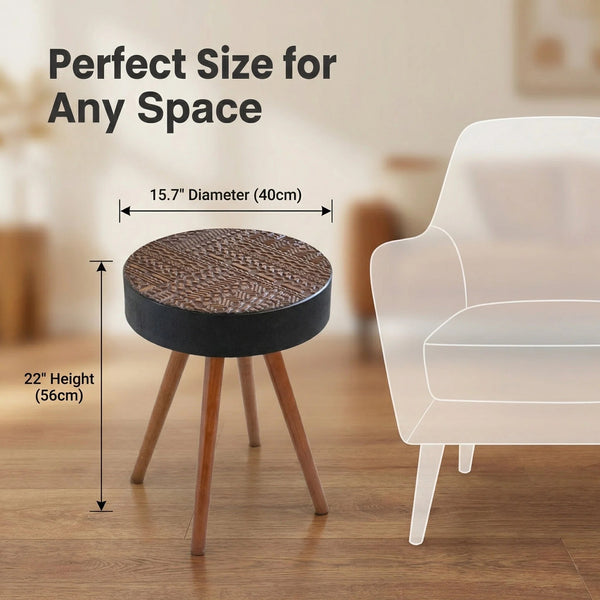 English Elm 15.7-inch Round Carved Mdf Accent Table Distressed Vintage Style for Bedroom or Living Room W3935P406043
