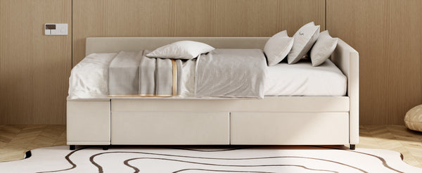 English Elm Twin Velvet L-Shaped Upholstered Platform Bed with Plush Headboard, Hidden Drawers & Cabinet Storage Beige SF000182AAA