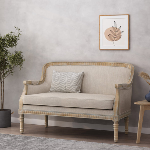 English Elm Loveseat French Country Style Turned Legs Padded Upholstery Compact Sitting Room Sofa 71063.00BGE