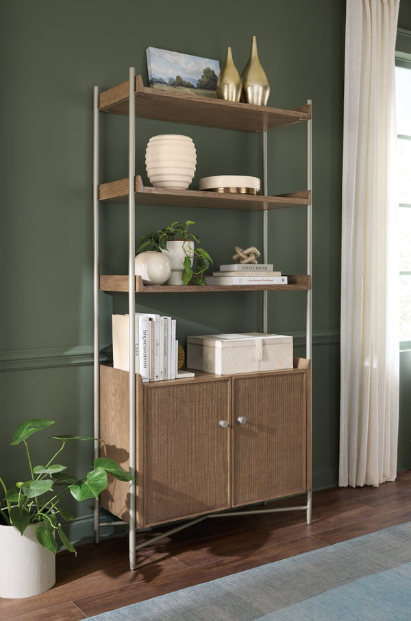 Hooker Furniture Sonnet Woven Cane Bookcase With Metal Frame — Light Oak Veneer, Soft-Close Doors, Versatile Display 6072-10445-85