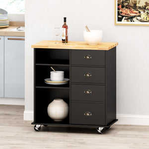 English Elm Christopher Knight Home® - Kitchen Island Cart with Rubberwood Top, Rolling Storage Cabinet with Drawers & Locking Casters Black 67757.00NATBLK