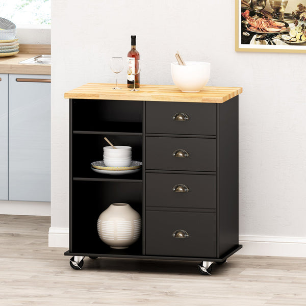 English Elm Christopher Knight Home® - Kitchen Island Cart with Rubberwood Top, Rolling Storage Cabinet with Drawers & Locking Casters Black 67757.00NATBLK