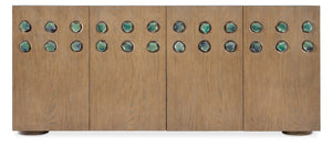 Hooker Furniture Commerce Pilea Entertainment Credenza In Light Oak With Soft-Close Doors, Green Ceramic Lily-Pad Pulls — Spacious Media Storage And Wire Management For Modern Living Rooms 7228-55041-85