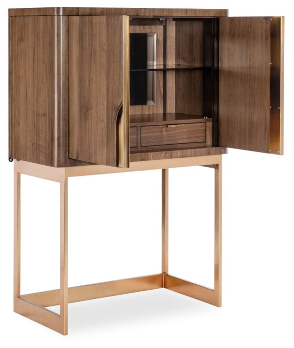 Hooker Furniture Eleana Light Caramel Walnut Bar On Stand With Sunlit Bronze Accents, Backlit Cabinet & Adjustable Shelves 7252-50160-85