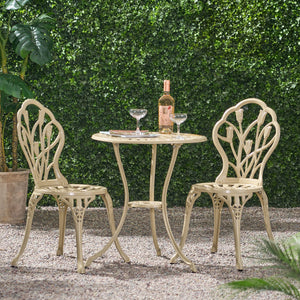 English Elm Nassau Cast Aluminum Outdoor Bistro Set Tulip Motif European Garden Cafe for Two 24360.00SAD
