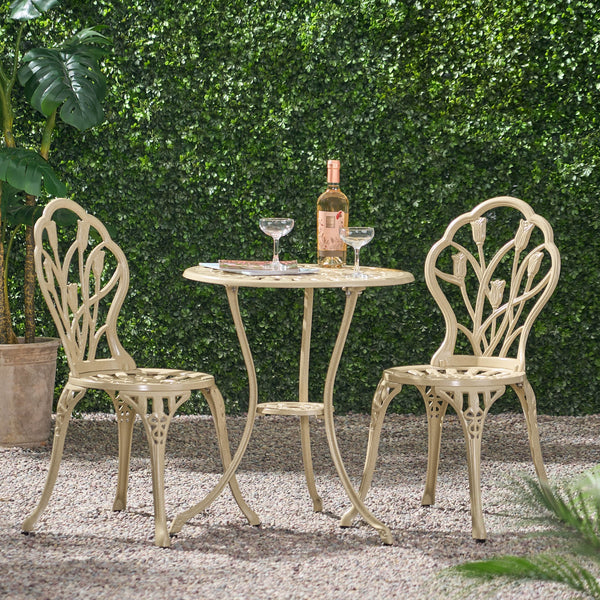 English Elm Nassau Cast Aluminum Outdoor Bistro Set Tulip Motif European Garden Cafe for Two 24360.00SAD