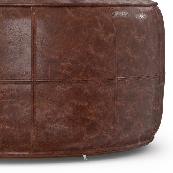 English Elm Connor - Handcrafted 34" Round Leather Pouf Coffee Table In Distressed Brown For Versatile Living Spaces B136P159353