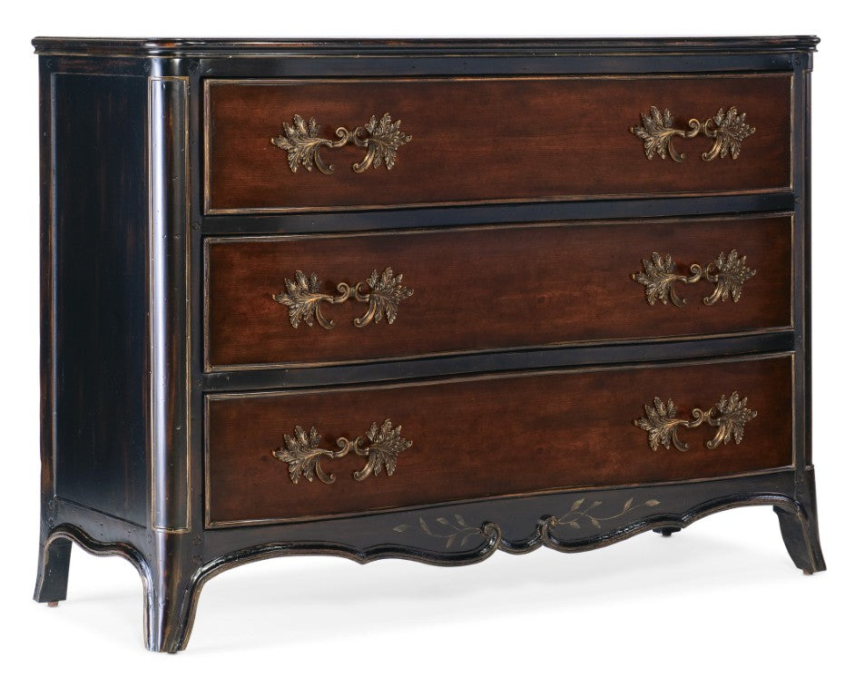 Hooker Furniture Charleston Serpentine Three-Drawer Accent Chest In Two-Tone Black & Maraschino Cherry With Antique Bronze Pulls 6750-85002-00
