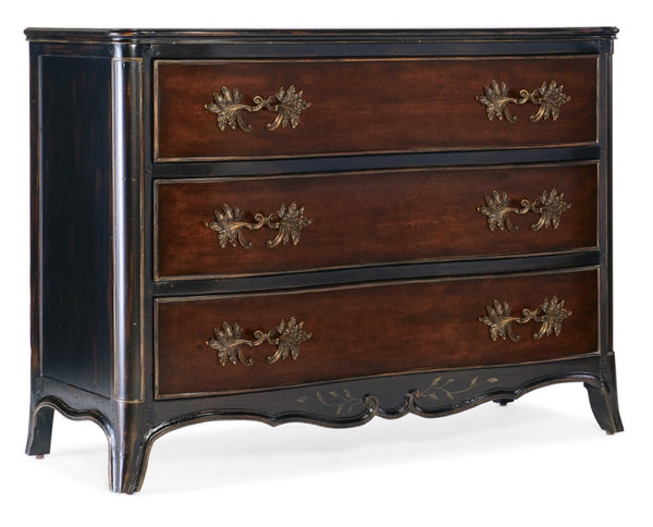 Hooker Furniture Charleston Serpentine Three-Drawer Accent Chest In Two-Tone Black & Maraschino Cherry With Antique Bronze Pulls 6750-85002-00