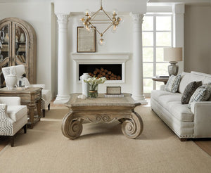 Hooker Furniture Castella Solid Square Cocktail Table 49" Antique Slate Finish — Carved Scroll Legs, Distressed Rustic Elegance 5878-80112-80