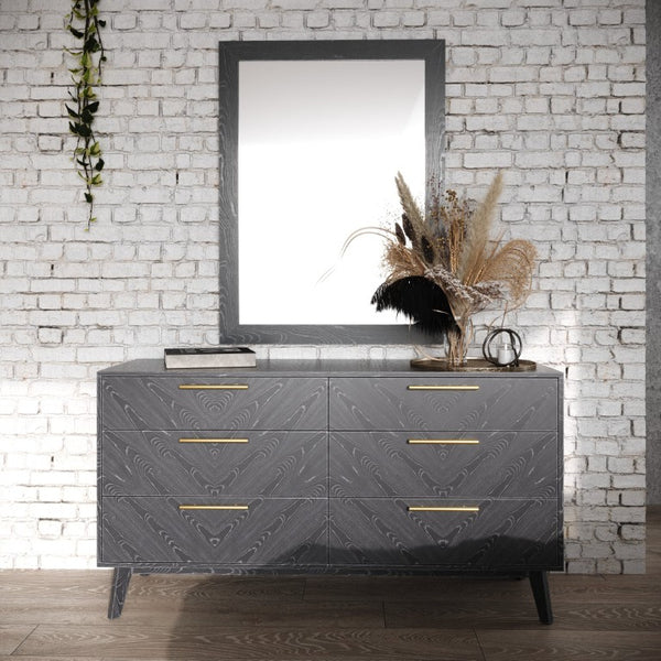 VIG Furniture Diana Modern Grey Ash Dresser With 6 Smooth-Glide Drawers, Gold Handles, Crown-Cut Veneer Finish VGMABR-132-DRS