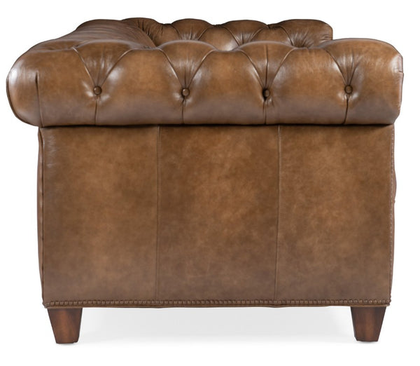 Hooker Furniture Chester Tufted Leather Sofa With Nailhead Trim And Rolled Arms, Walnut Finish, Classic Chesterfield Appeal Dark Brown SS195-03-083