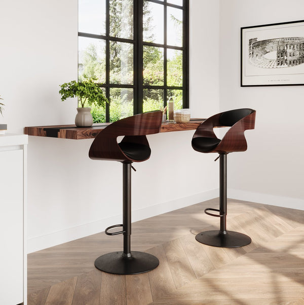 English Elm Archer Bentwood Adjustable Swivel Bar Stool in Black Vegan Leather with Walnut Veneer, Gas Lift B136P158379