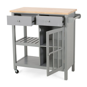 English Elm Christopher Knight Home® - Kitchen Island Cart with Rubberwood Top, Grey Mobile Kitchen Cart on Wheels with Cabinet, Hooks and Drawers 67755.00NATGRY