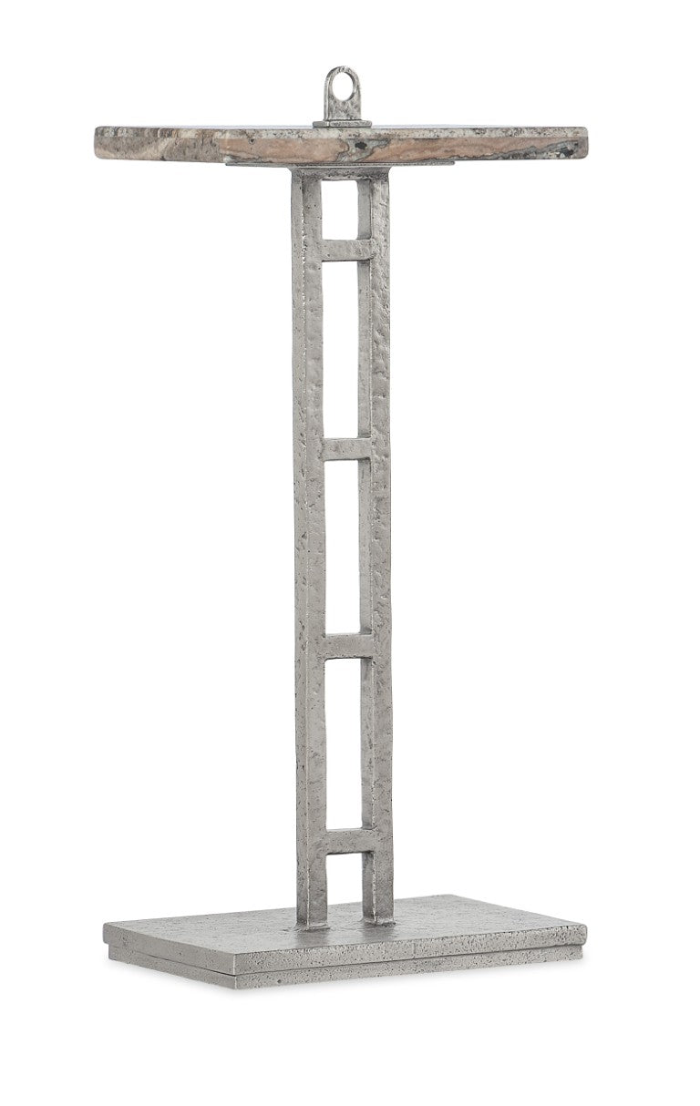 Hooker Furniture Chapman Honed Silver Travertine Drink Table With Hand-Hammered Forged Pewter Base, Compact Elegance 6033-50001-00