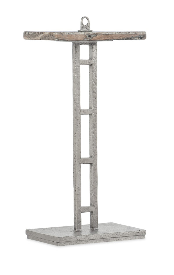 Hooker Furniture Chapman Honed Silver Travertine Drink Table With Hand-Hammered Forged Pewter Base, Compact Elegance 6033-50001-00